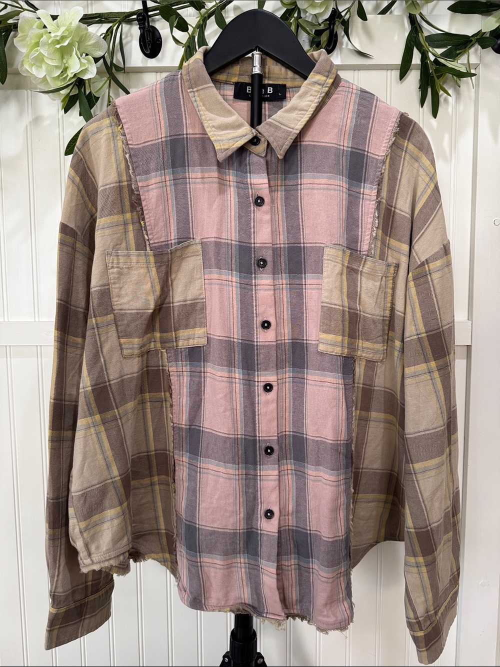 #655 BLUE B Relaxed Pink & Yellow Plaid Button-Down Shirt w Raw Hem